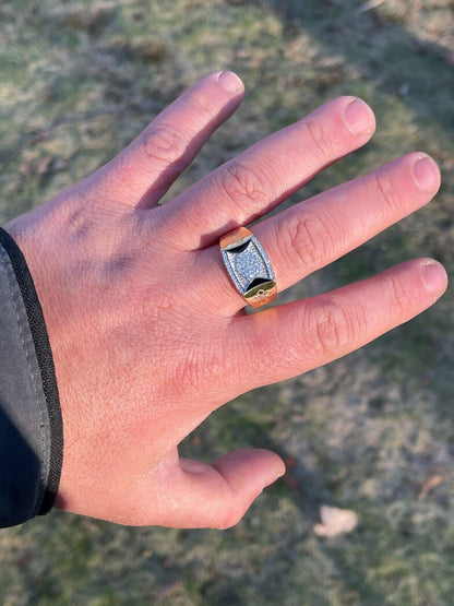 Italiano Silver, Inc Mens Bling Gold Vermeil Over Solid 925 Silver Two Tone Cross Iced CZ Ring Drip