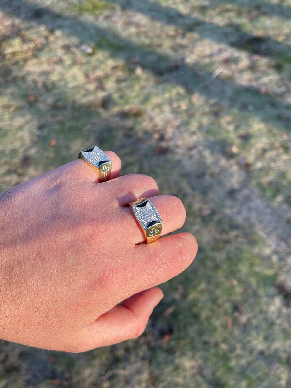 Italiano Silver, Inc Mens Bling Gold Vermeil Over Solid 925 Silver Two Tone Cross Iced CZ Ring Drip