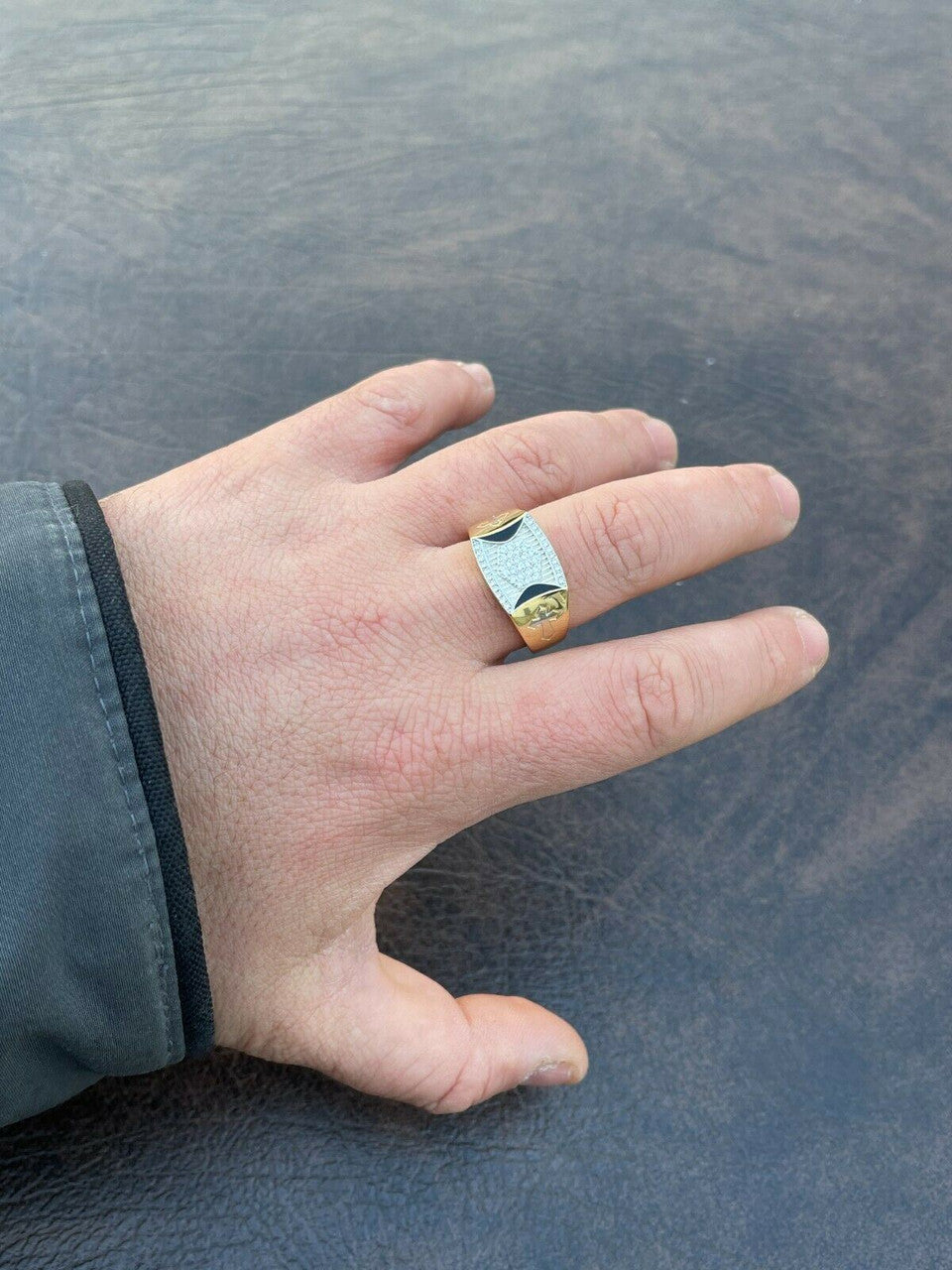 Italiano Silver, Inc Mens Bling Gold Vermeil Over Solid 925 Silver Two Tone Cross Iced CZ Ring Drip