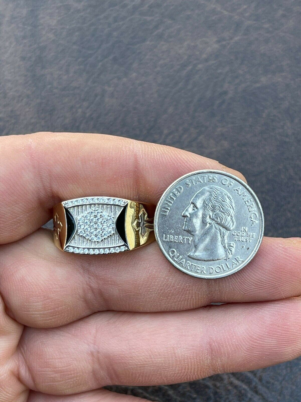 Italiano Silver, Inc Mens Bling Gold Vermeil Over Solid 925 Silver Two Tone Cross Iced CZ Ring Drip