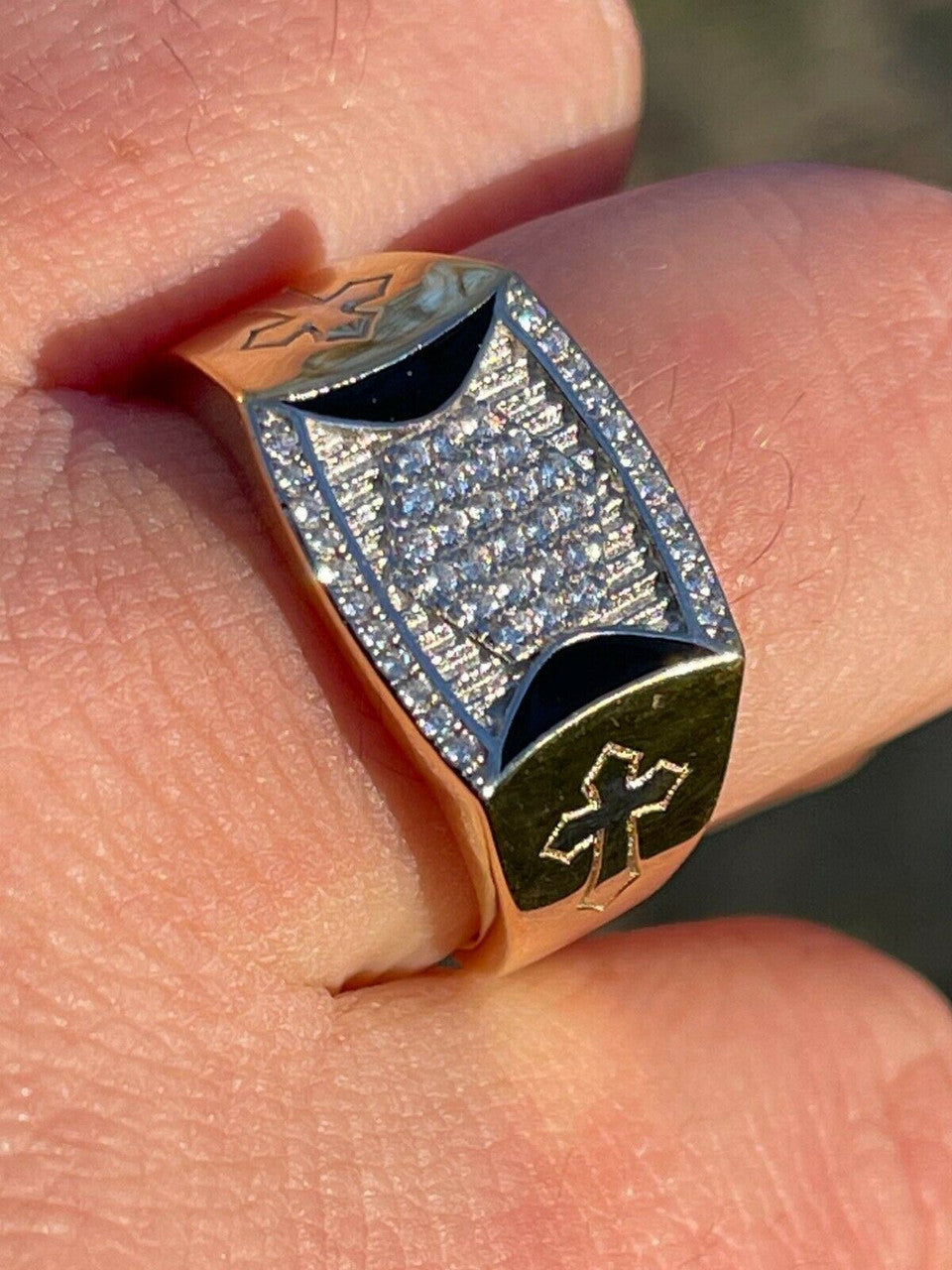 Italiano Silver, Inc Mens Bling Gold Vermeil Over Solid 925 Silver Two Tone Cross Iced CZ Ring Drip