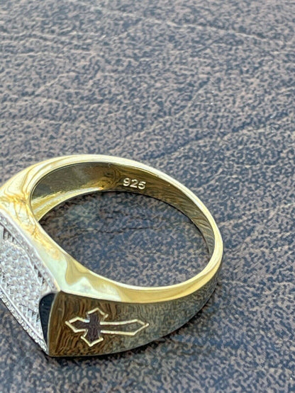 Italiano Silver, Inc Mens Bling Gold Vermeil Over Solid 925 Silver Two Tone Cross Iced CZ Ring Drip