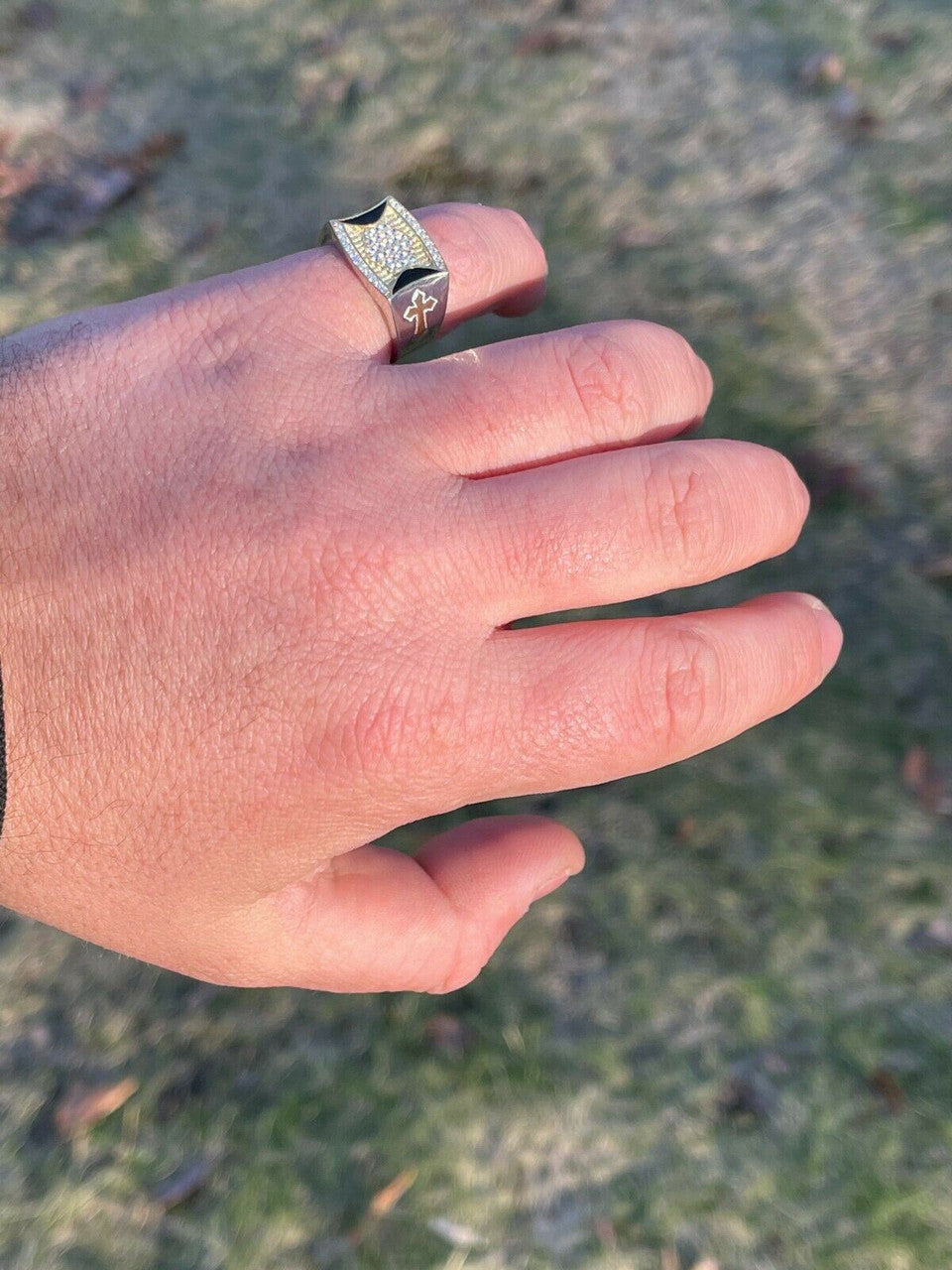 Italiano Silver, Inc Mens Bling Solid 925 Sterling Silver and 14k Gold Two Tone Cross Iced CZ Ring Drip