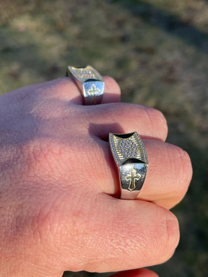 Italiano Silver, Inc Mens Bling Solid 925 Sterling Silver and 14k Gold Two Tone Cross Iced CZ Ring Drip