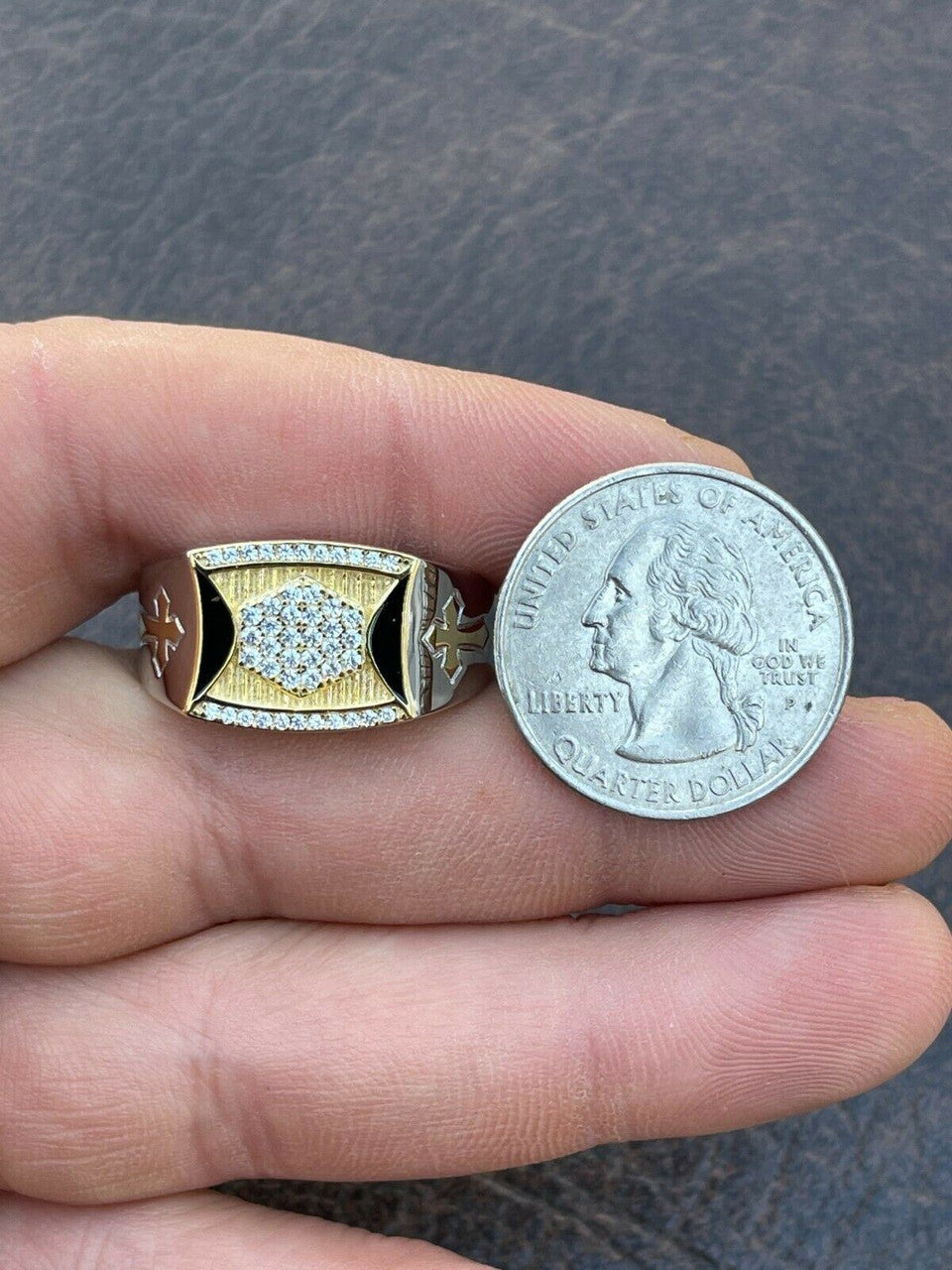 Italiano Silver, Inc Mens Bling Solid 925 Sterling Silver and 14k Gold Two Tone Cross Iced CZ Ring Drip