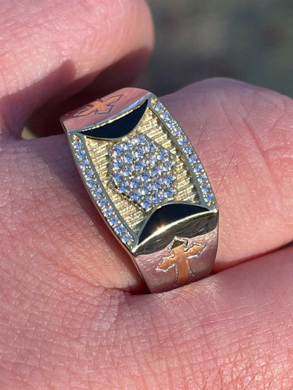 Italiano Silver, Inc Mens Bling Solid 925 Sterling Silver and 14k Gold Two Tone Cross Iced CZ Ring Drip
