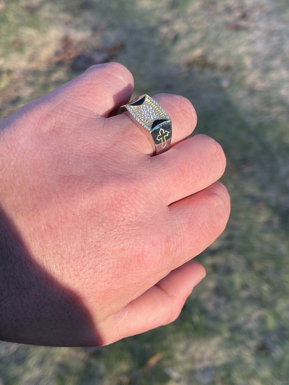 Italiano Silver, Inc Mens Bling Solid 925 Sterling Silver and 14k Gold Two Tone Cross Iced CZ Ring Drip