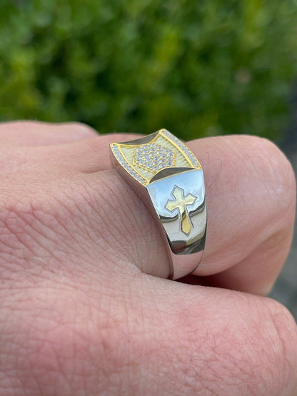 Italiano Silver, Inc Mens Bling Solid 925 Sterling Silver and 14k Gold Two Tone Cross Iced CZ Ring Drip