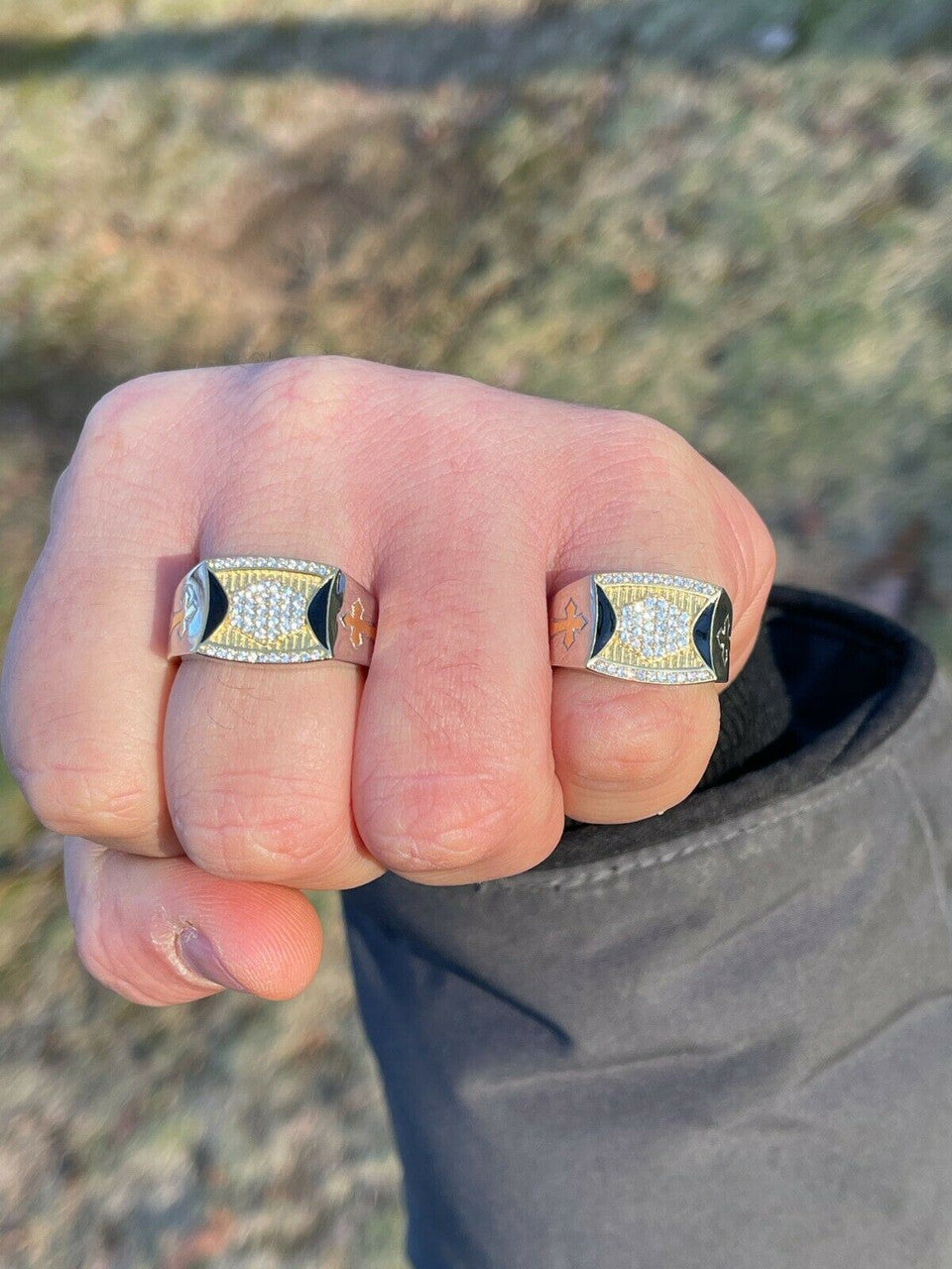 Italiano Silver, Inc Mens Bling Solid 925 Sterling Silver and 14k Gold Two Tone Cross Iced CZ Ring Drip