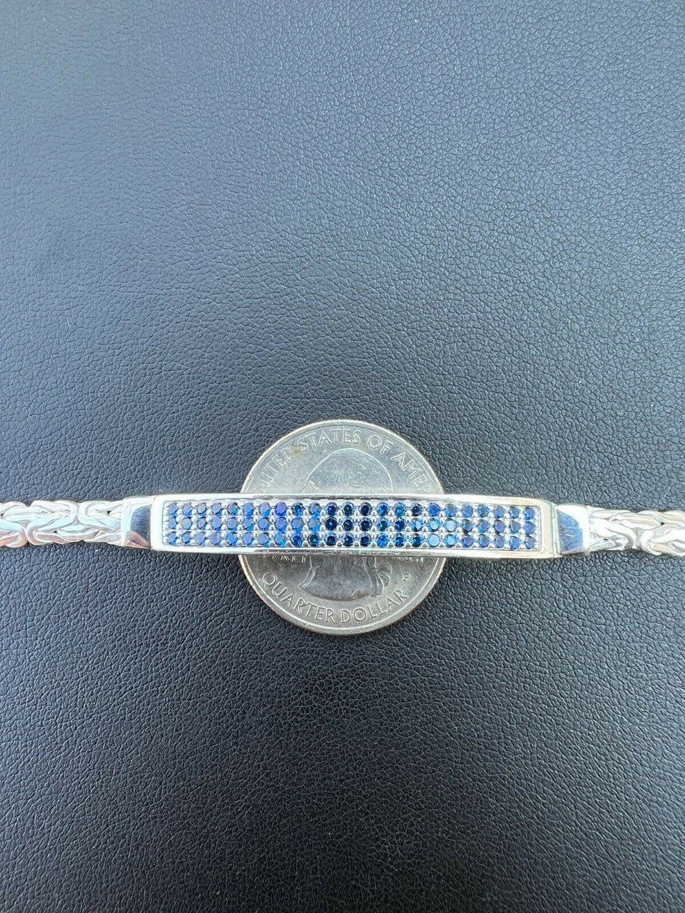 Italiano Silver, Inc Mens Byzantine Presidential ID Bracelet Real 925 Silver Iced Blue Sapphire Stone