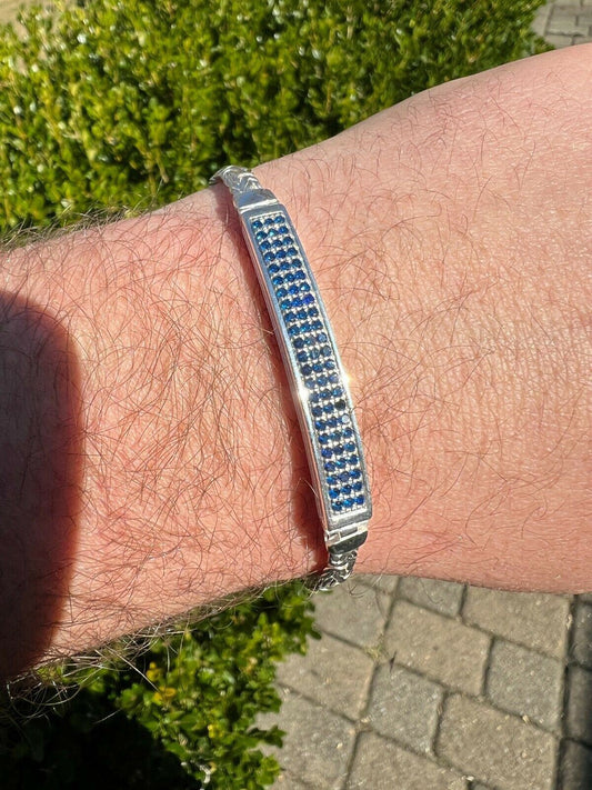 Italiano Silver, Inc Mens Byzantine Presidential ID Bracelet Real 925 Silver Iced Blue Sapphire Stone