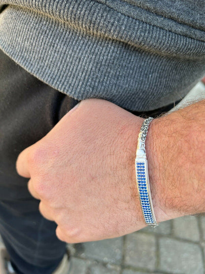 Italiano Silver, Inc Mens Byzantine Presidential ID Bracelet Real 925 Silver Iced Blue Sapphire Stone