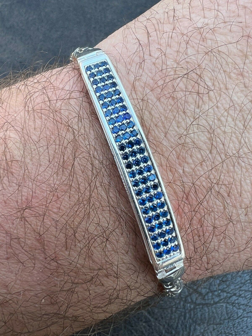 Italiano Silver, Inc Mens Byzantine Presidential ID Bracelet Real 925 Silver Iced Blue Sapphire Stone