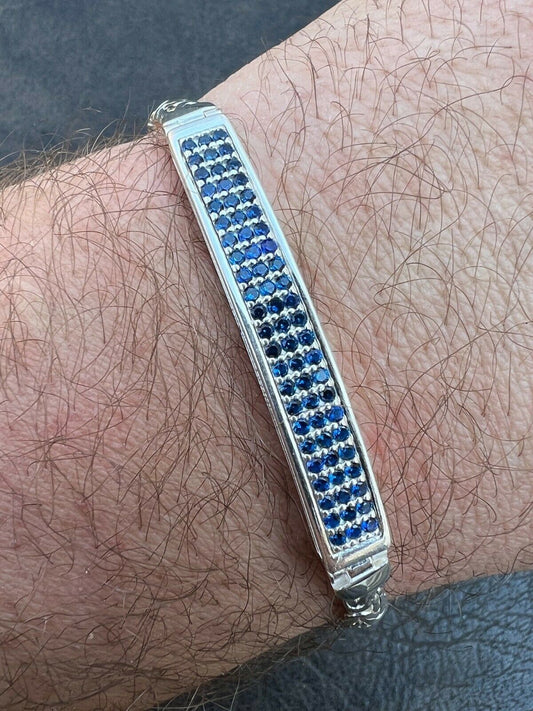 Italiano Silver, Inc Mens Byzantine Presidential ID Bracelet Real 925 Silver Iced Blue Sapphire Stone