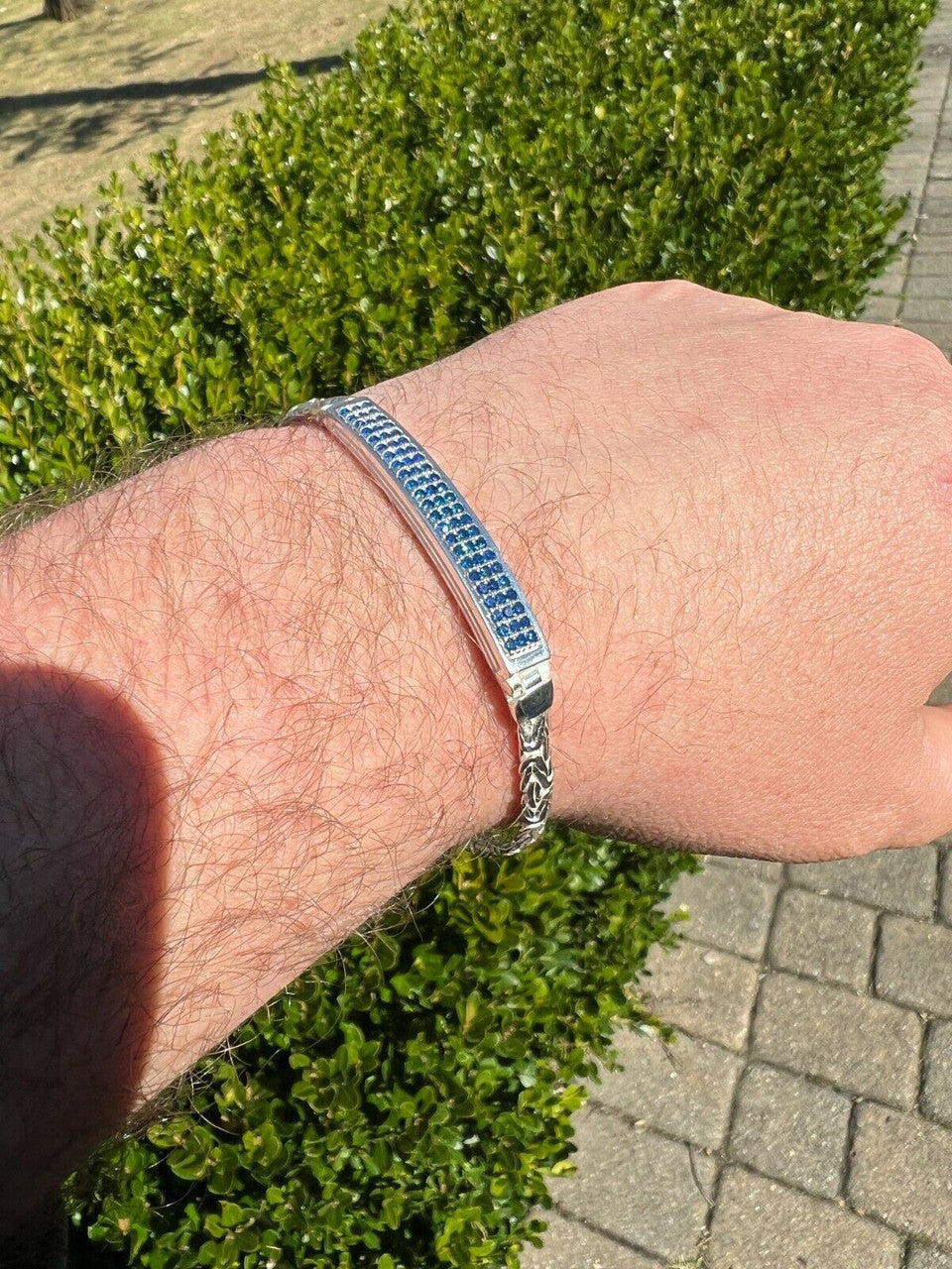 Italiano Silver, Inc Mens Byzantine Presidential ID Bracelet Real 925 Silver Iced Blue Sapphire Stone