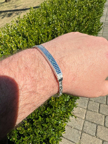 Italiano Silver, Inc Mens Byzantine Presidential ID Bracelet Real 925 Silver Iced Blue Sapphire Stone