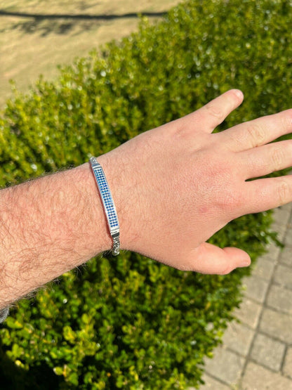 Italiano Silver, Inc Mens Byzantine Presidential ID Bracelet Real 925 Silver Iced Blue Sapphire Stone
