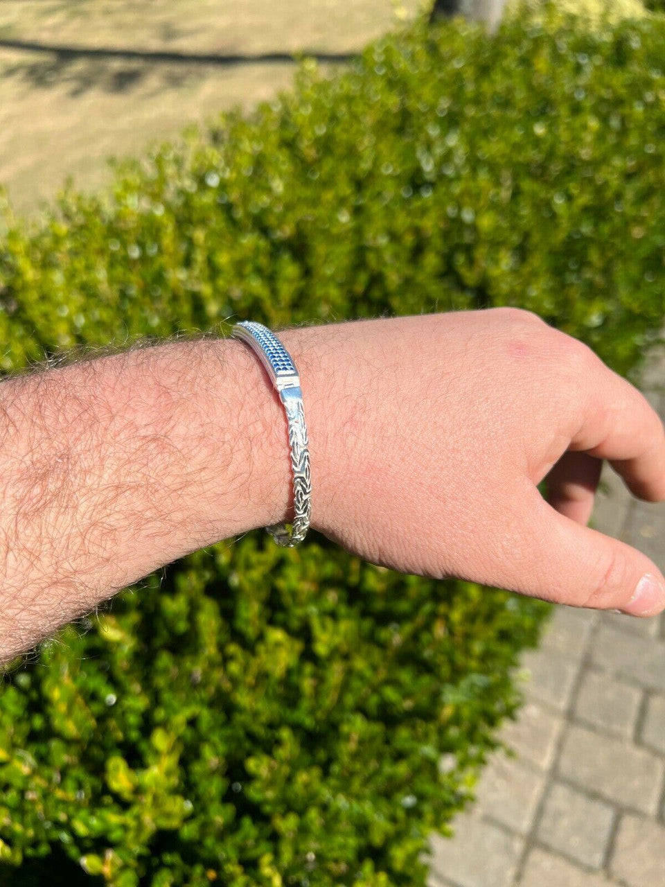 Italiano Silver, Inc Mens Byzantine Presidential ID Bracelet Real 925 Silver Iced Blue Sapphire Stone