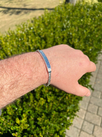 Italiano Silver, Inc Mens Byzantine Presidential ID Bracelet Real 925 Silver Iced Blue Sapphire Stone
