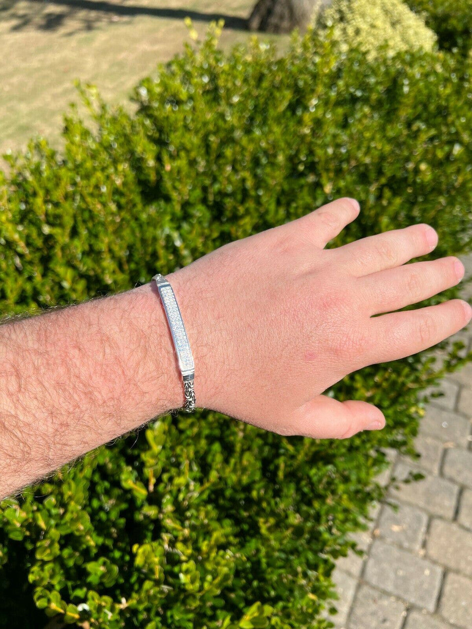 Italiano Silver, Inc Mens Byzantine Presidential ID Bracelet Real 925 Silver Iced Diamond Hip Hop