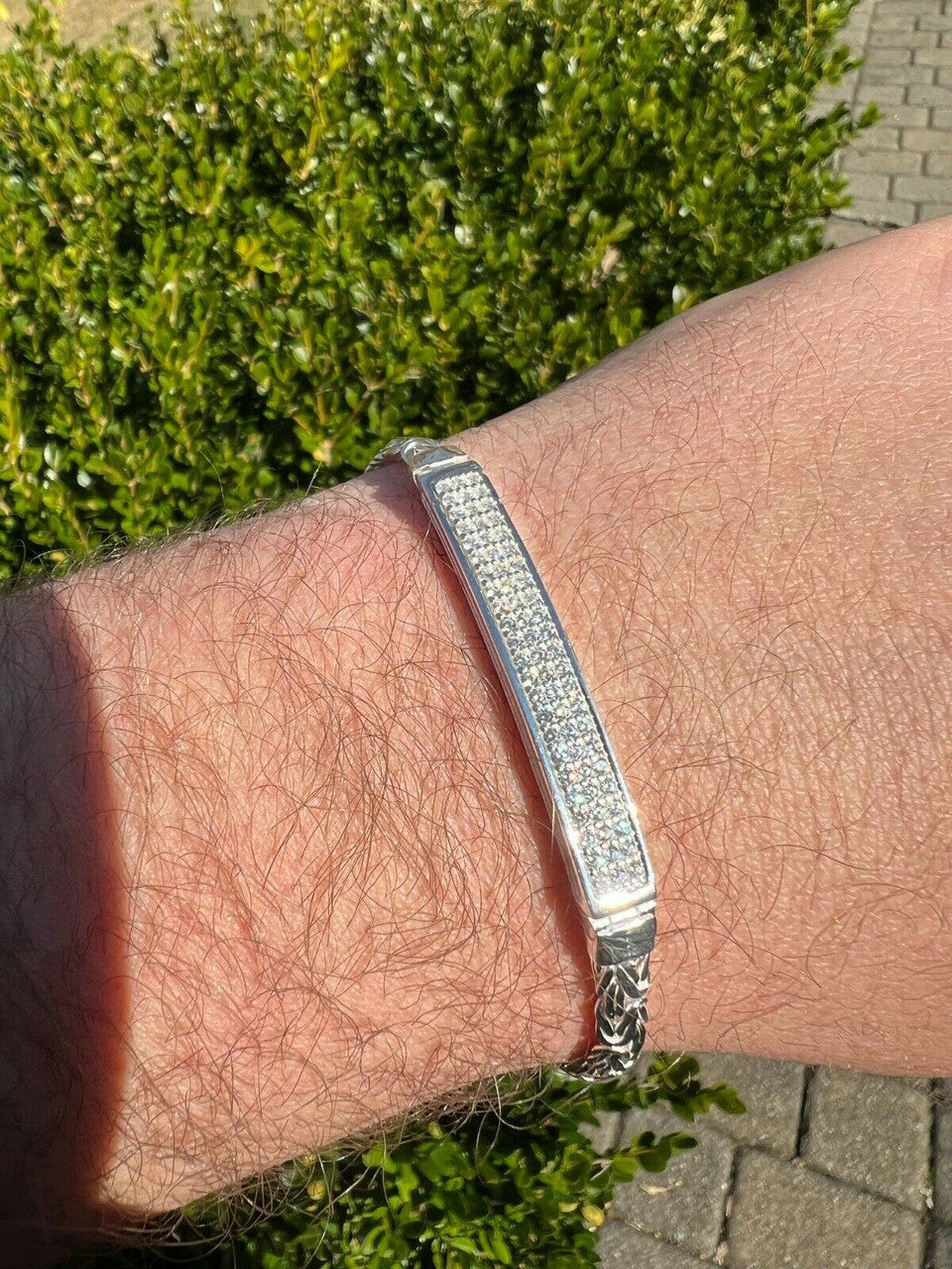 Italiano Silver, Inc Mens Byzantine Presidential ID Bracelet Real 925 Silver Iced Diamond Hip Hop