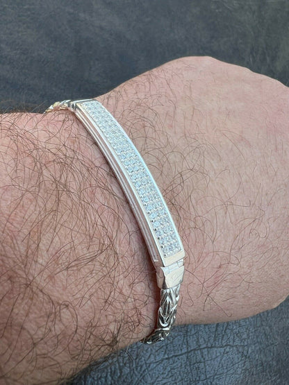 Italiano Silver, Inc Mens Byzantine Presidential ID Bracelet Real 925 Silver Iced Diamond Hip Hop