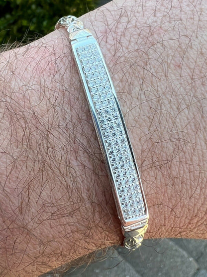 Italiano Silver, Inc Mens Byzantine Presidential ID Bracelet Real 925 Silver Iced Diamond Hip Hop