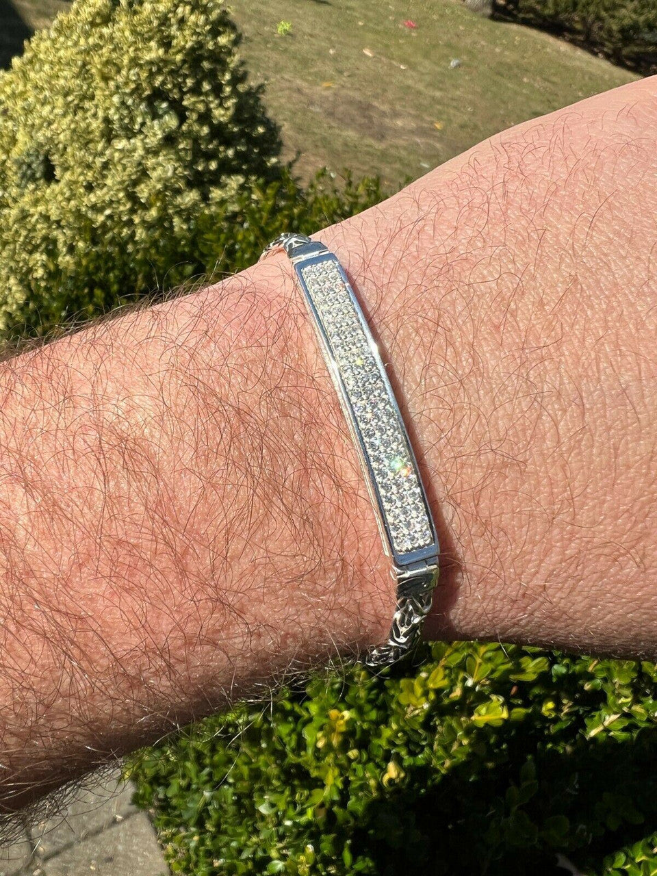 Italiano Silver, Inc Mens Byzantine Presidential ID Bracelet Real 925 Silver Iced Diamond Hip Hop