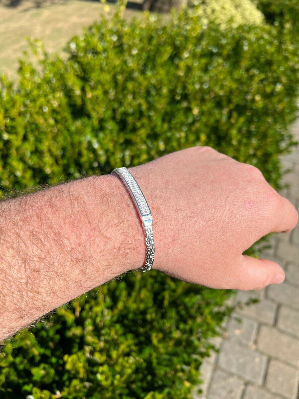 Italiano Silver, Inc Mens Byzantine Presidential ID Bracelet Real 925 Silver Iced Diamond Hip Hop