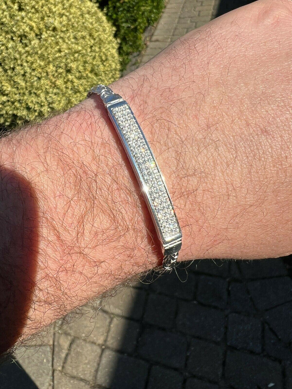 Italiano Silver, Inc Mens Byzantine Presidential ID Bracelet Real 925 Silver Iced Diamond Hip Hop