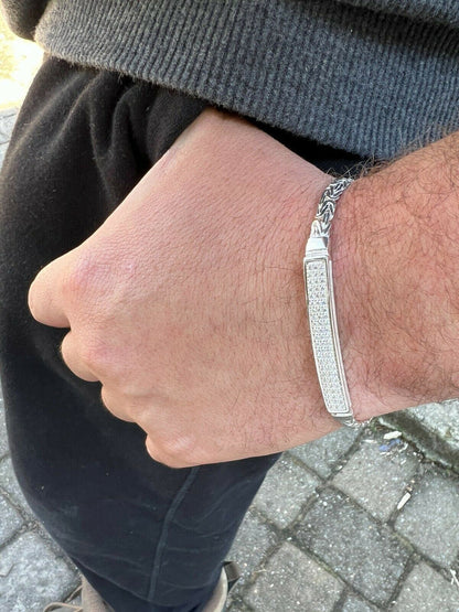 Italiano Silver, Inc Mens Byzantine Presidential ID Bracelet Real 925 Silver Iced Diamond Hip Hop