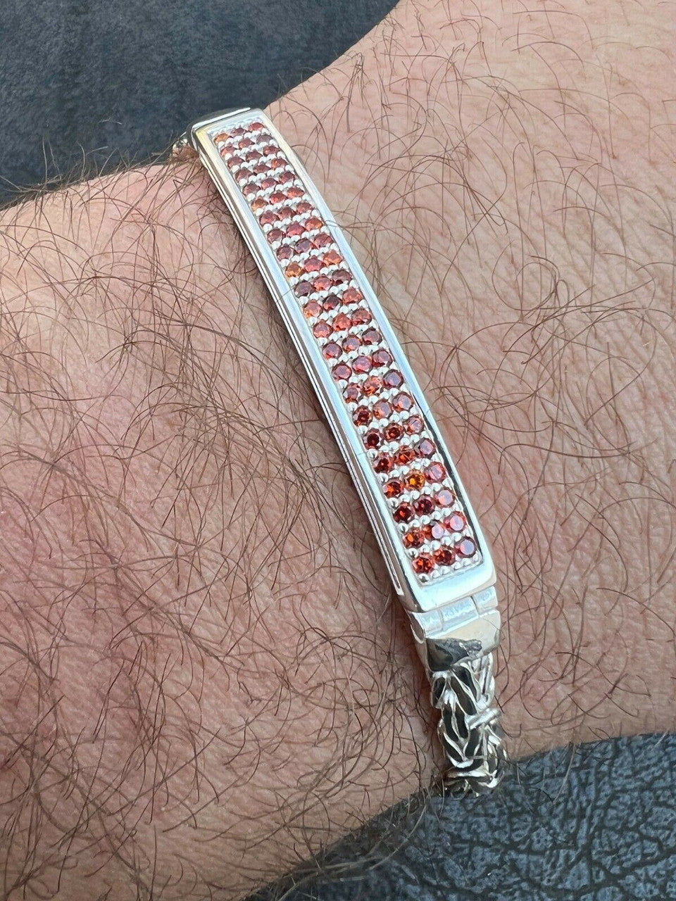 Italiano Silver, Inc Mens Byzantine Presidential ID Bracelet Real 925 Silver Iced Red Ruby Stones
