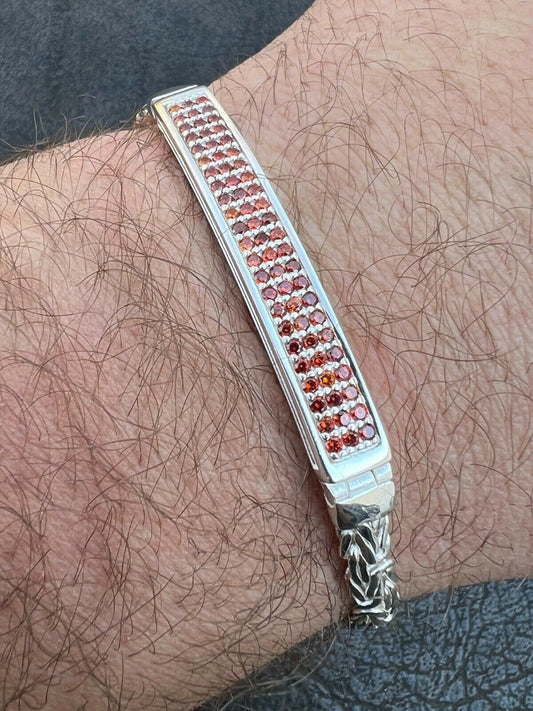 Italiano Silver, Inc Mens Byzantine Presidential ID Bracelet Real 925 Silver Iced Red Ruby Stones