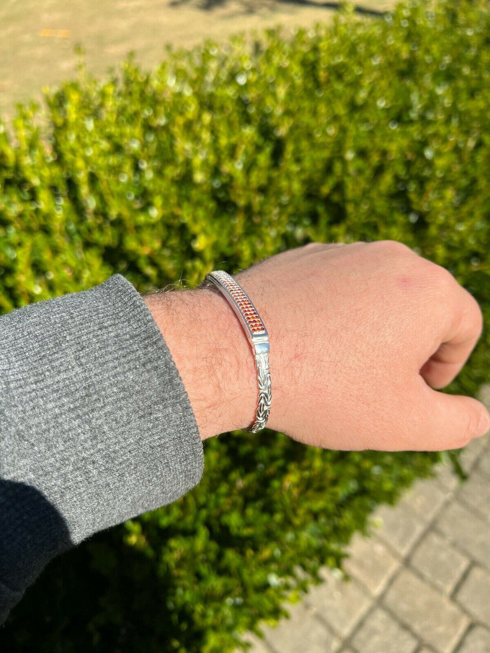 Italiano Silver, Inc Mens Byzantine Presidential ID Bracelet Real 925 Silver Iced Red Ruby Stones