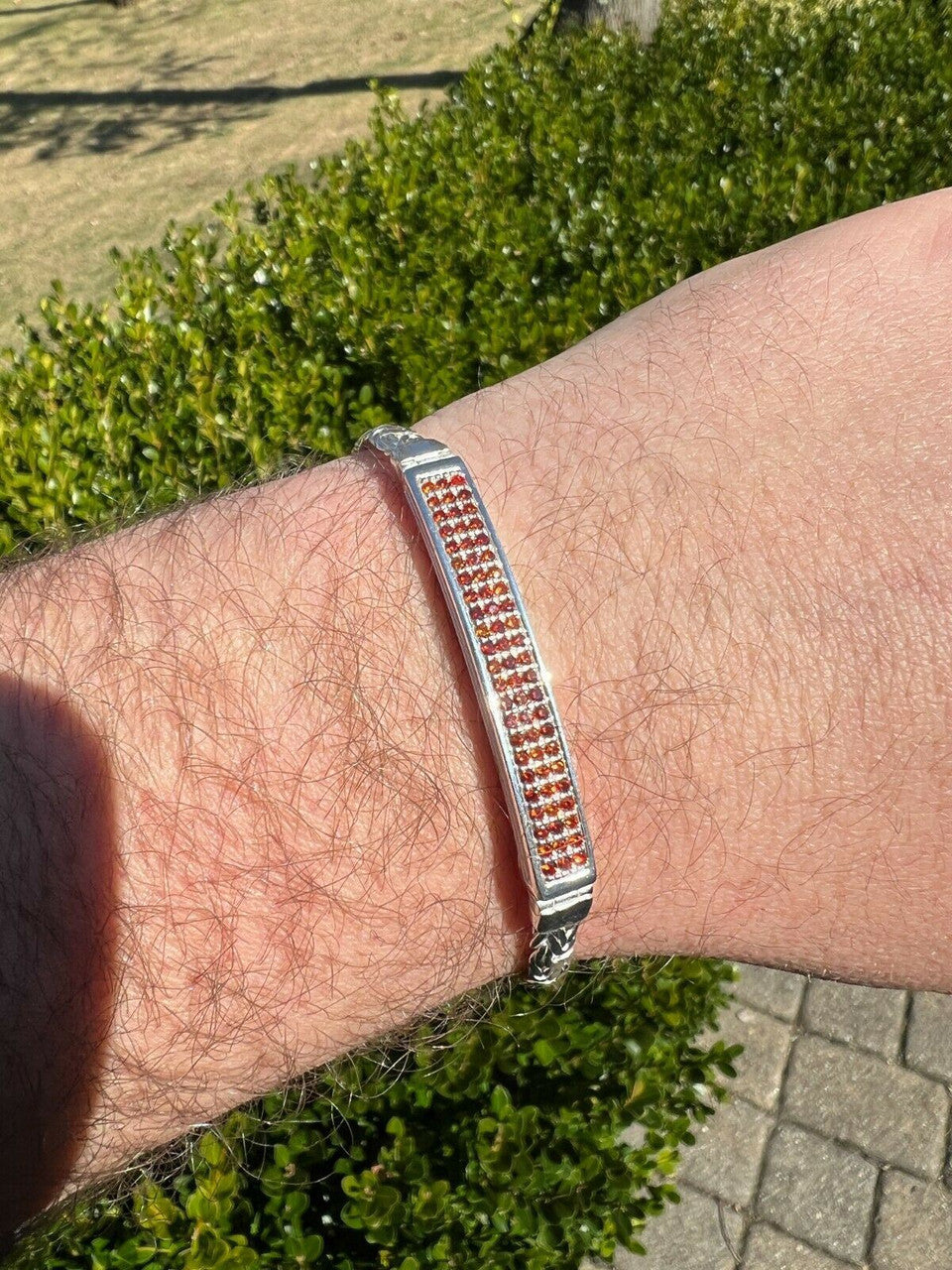 Italiano Silver, Inc Mens Byzantine Presidential ID Bracelet Real 925 Silver Iced Red Ruby Stones