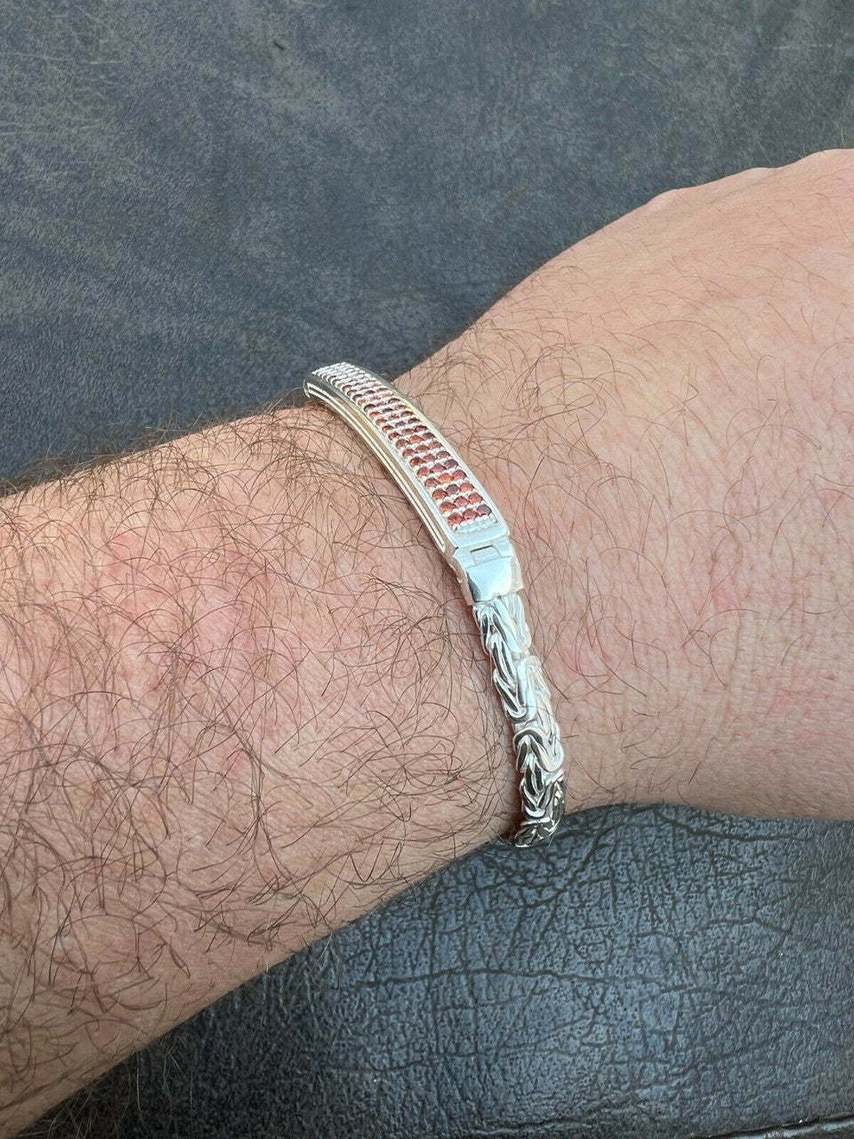 Italiano Silver, Inc Mens Byzantine Presidential ID Bracelet Real 925 Silver Iced Red Ruby Stones