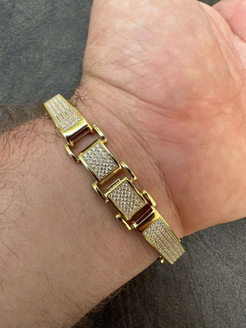 Italiano Silver, Inc. Mens Custom Made Cuff Bracelet Solid 14k Gold Plated 925 Silver 12mm Thick CZ