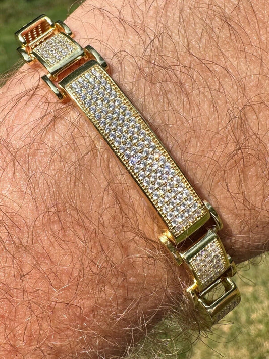 Italiano Silver, Inc. Mens Custom Made Cuff Bracelet Solid 14k Gold Plated 925 Silver 12mm Thick CZ