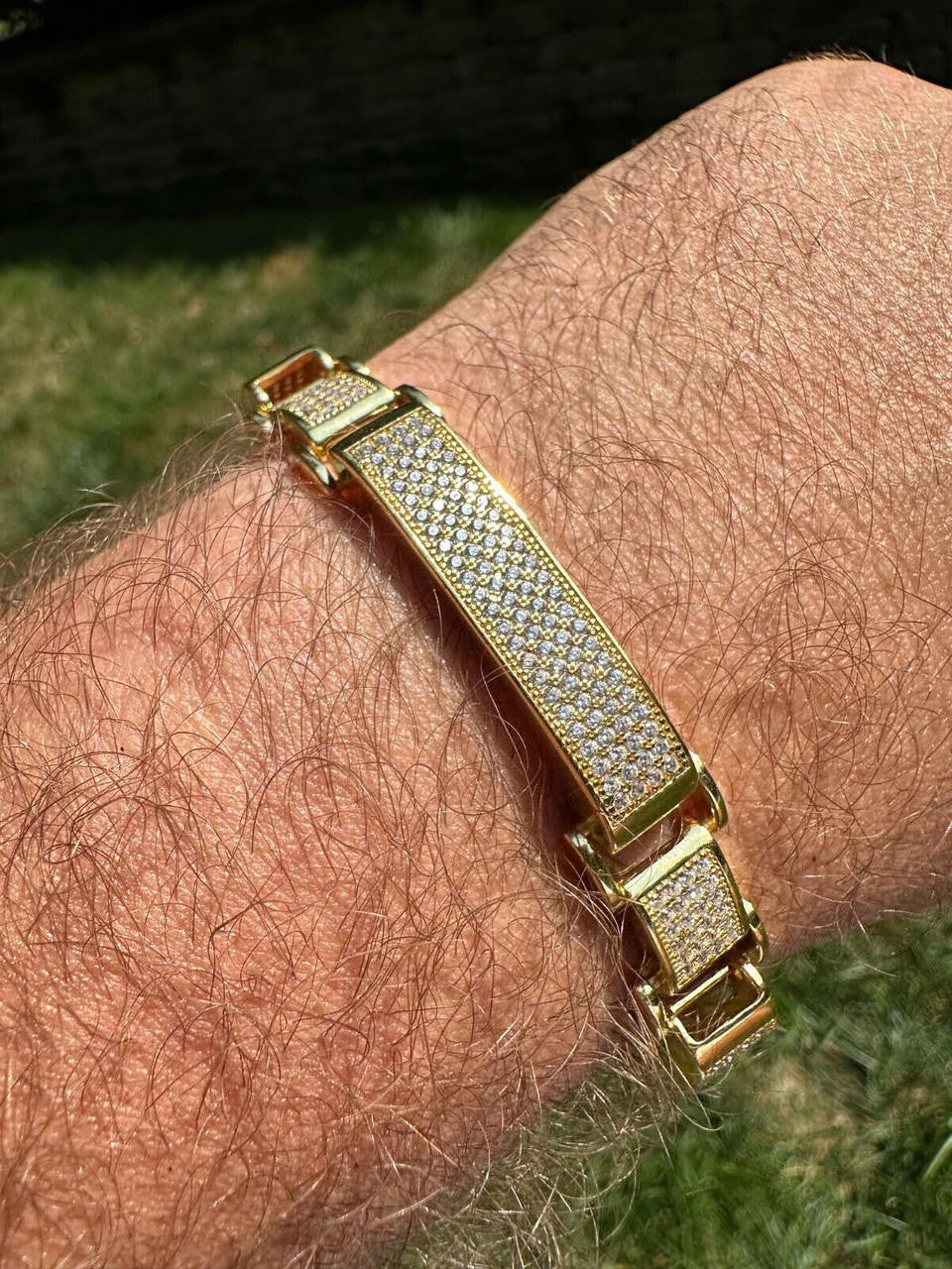 Italiano Silver, Inc. Mens Custom Made Cuff Bracelet Solid 14k Gold Plated 925 Silver 12mm Thick CZ