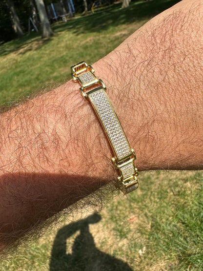 Italiano Silver, Inc. Mens Custom Made Cuff Bracelet Solid 14k Gold Plated 925 Silver 12mm Thick CZ