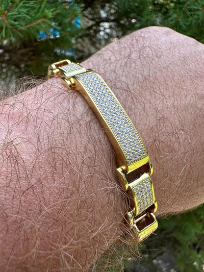 Italiano Silver, Inc. Mens Custom Made Cuff Bracelet Solid 14k Gold Plated 925 Silver 12mm Thick CZ