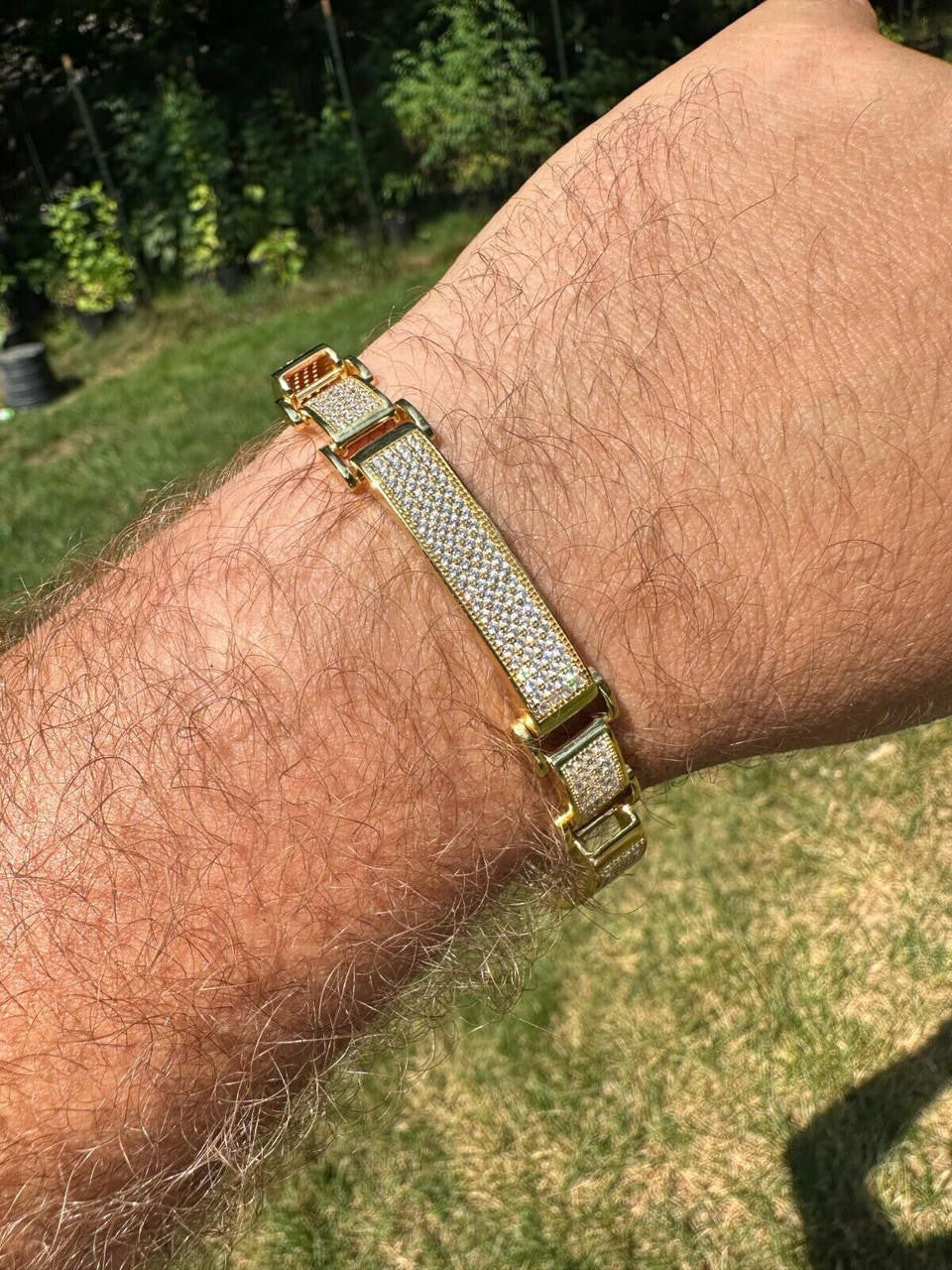 Italiano Silver, Inc. Mens Custom Made Cuff Bracelet Solid 14k Gold Plated 925 Silver 12mm Thick CZ