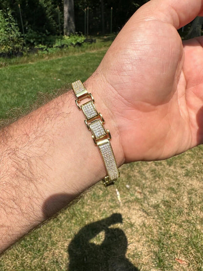 Italiano Silver, Inc. Mens Custom Made Cuff Bracelet Solid 14k Gold Plated 925 Silver 12mm Thick CZ