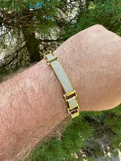 Italiano Silver, Inc. Mens Custom Made Cuff Bracelet Solid 14k Gold Plated 925 Silver 12mm Thick CZ