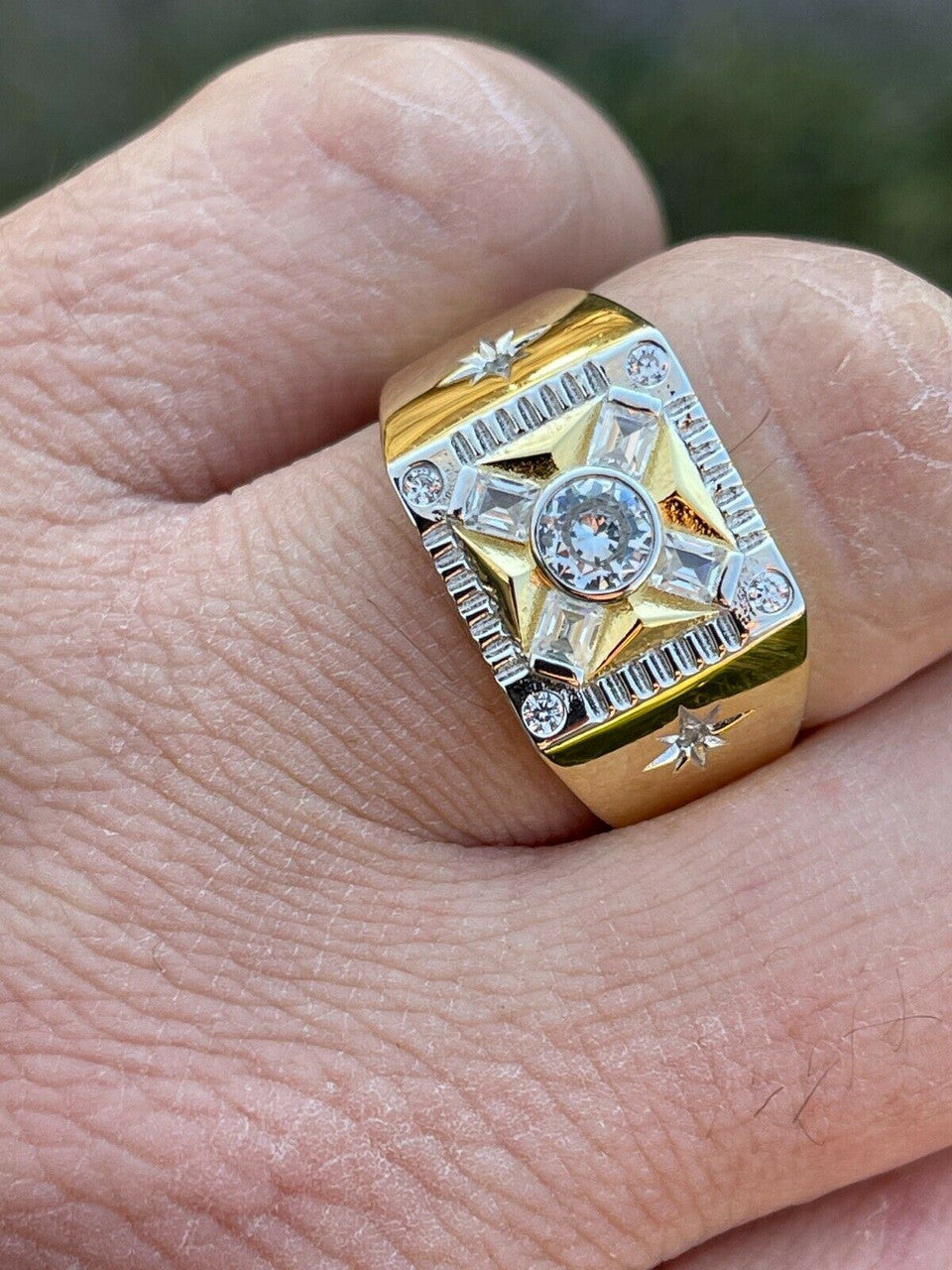 Italiano Silver, Inc Mens Iced 14k Gold and Real Solid 925 Sterling Silver Diamond Solitaire Ring Pinky