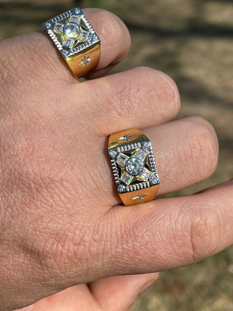 Italiano Silver, Inc Mens Iced 14k Gold and Real Solid 925 Sterling Silver Diamond Solitaire Ring Pinky