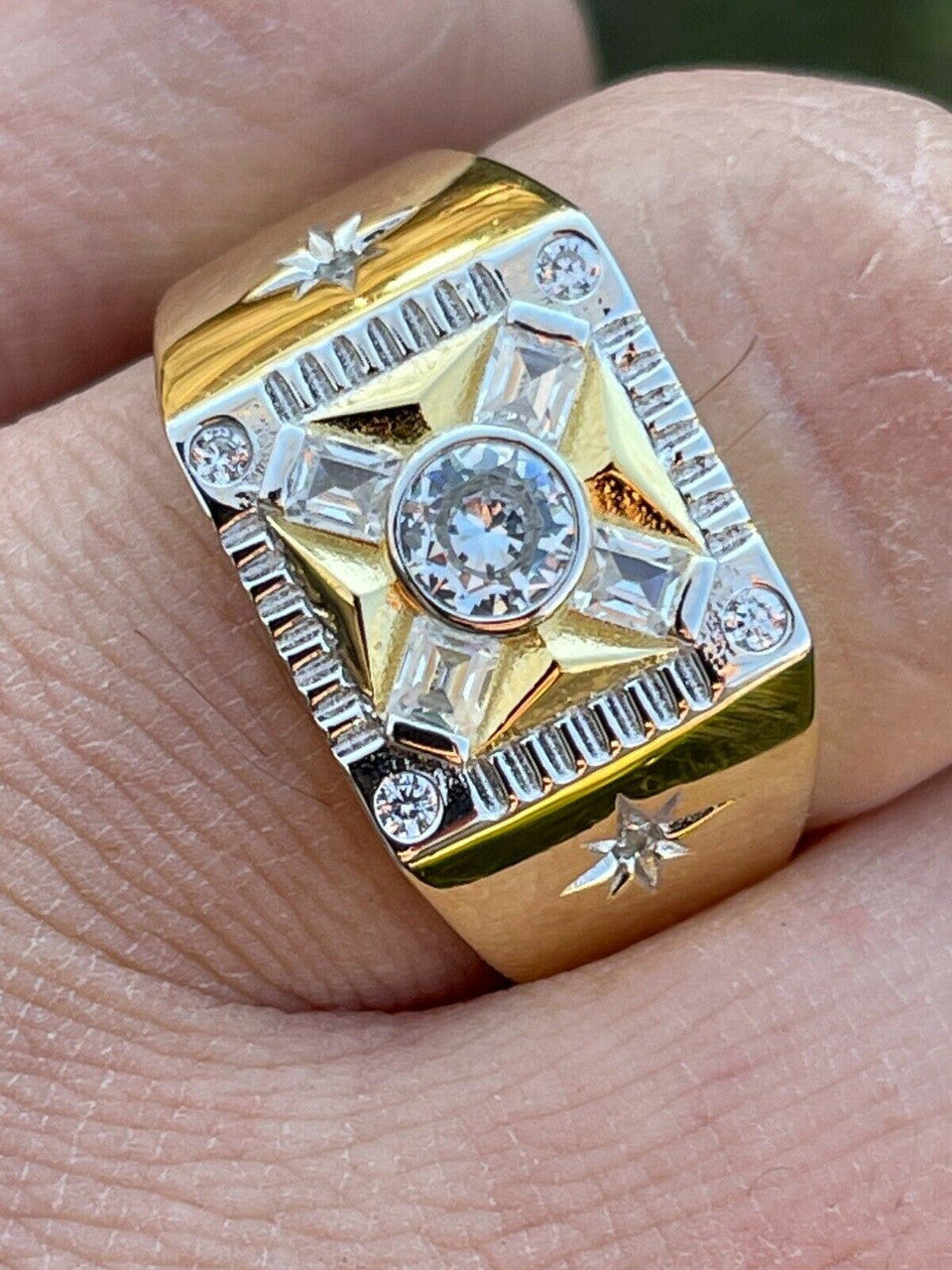 Italiano Silver, Inc Mens Iced 14k Gold and Real Solid 925 Sterling Silver Diamond Solitaire Ring Pinky