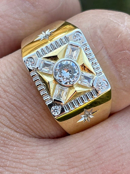 Italiano Silver, Inc Mens Iced 14k Gold and Real Solid 925 Sterling Silver Diamond Solitaire Ring Pinky