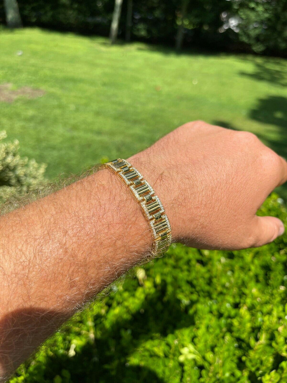 Italiano Silver, Inc Mens Iced Presidential Bracelet 14k Yellow Gold Over Solid 925 Silver Diamonds