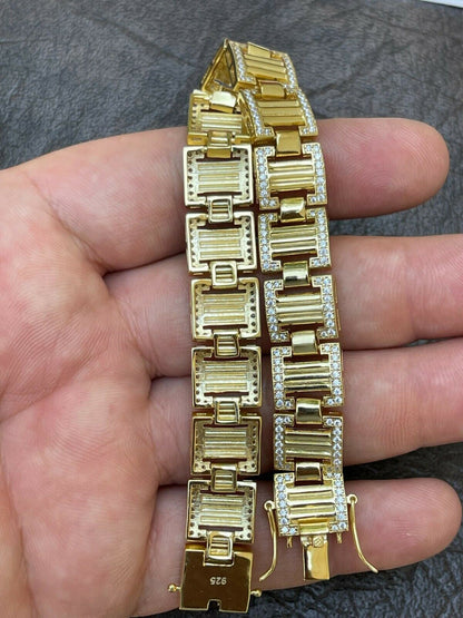 Italiano Silver, Inc Mens Iced Presidential Bracelet 14k Yellow Gold Over Solid 925 Silver Diamonds